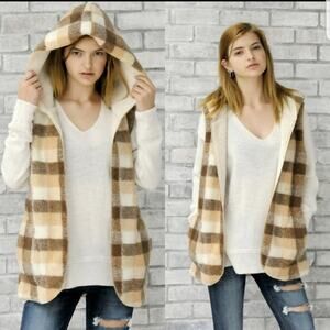 Love Riche sherpa wool blend hooded pocket vest check plaid brown tan small